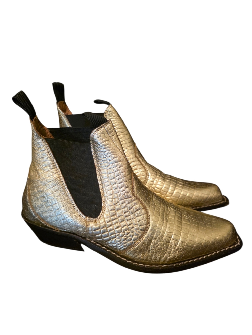 FREE PEOPLE Beau Western Ankle Chelsea Boot Embossed Gold Leather‎ 38/ 8